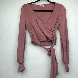 IRIS Women's V Neck Self Tie Knot Bishop Long Sleeve Wrap Crop Blouse Sz S